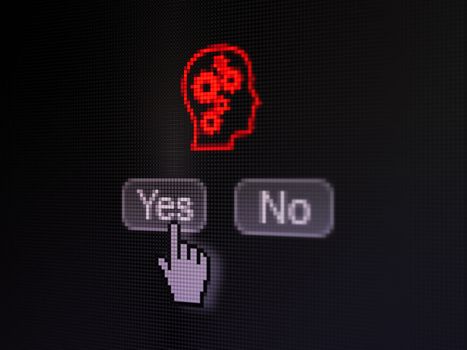 Data concept: buttons yes and no with pixelated Head With Gears icon and Hand cursor on digital computer screen, selected focus 3d render