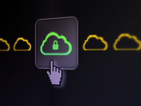 Cloud computing concept: pixelated Cloud With Padlock icon on button with Hand cursor on digital computer screen, selected focus 3d render