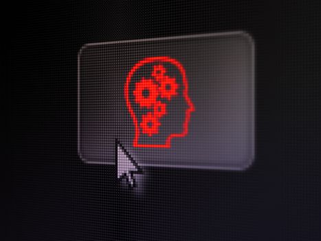 Data concept: pixelated Head With Gears on button with Arrow cursor on digital computer screen, selected focus 3d render