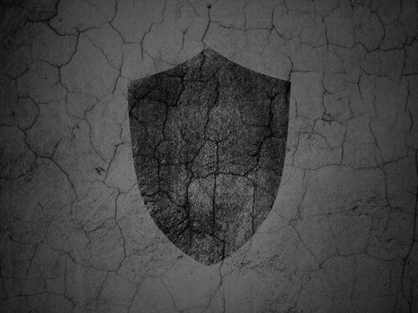 Safety concept: Black Shield on grunge textured concrete wall background, 3d render