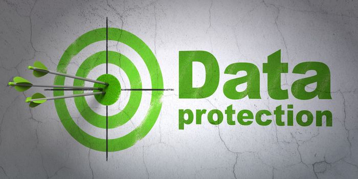Success safety concept: arrows hitting the center of target, Green Data Protection on wall background, 3d render