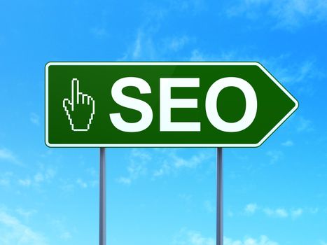 Web design concept: SEO and Mouse Cursor icon on green road (highway) sign, clear blue sky background, 3d render