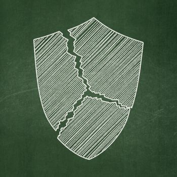 Safety concept: Broken Shield icon on Green chalkboard background, 3d render