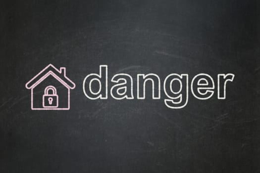 Protection concept: Home icon and text Danger on Black chalkboard background, 3d render