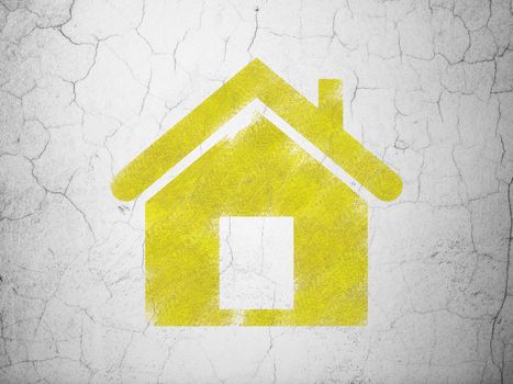 Safety concept: Yellow Home on textured concrete wall background, 3d render