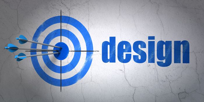Success marketing concept: arrows hitting the center of target, Blue Design on wall background, 3d render