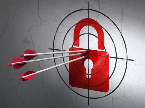 Success privacy concept: arrows hitting the center of Red Closed Padlock target on wall background, 3d render