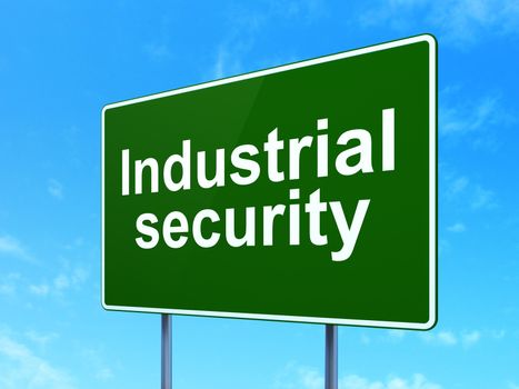 Protection concept: Industrial Security on green road (highway) sign, clear blue sky background, 3d render