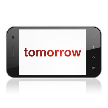 Time concept: smartphone with text Tomorrow on display. Mobile smart phone on White background, cell phone 3d render