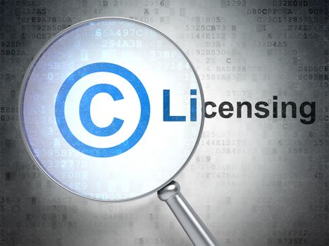 Law concept: magnifying optical glass with Copyright icon and Licensing word on digital background, 3d render