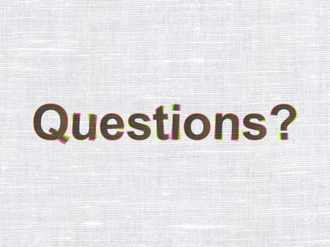 Education concept: CMYK Questions? on linen fabric texture background, 3d render