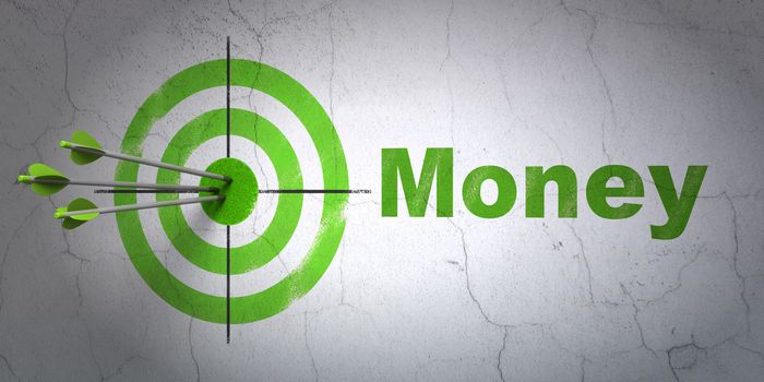 Success finance concept: arrows hitting the center of target, Green Money on wall background, 3d render