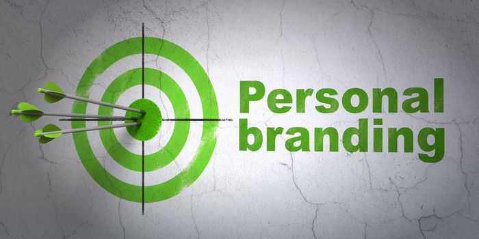 Success advertising concept: arrows hitting the center of target, Green Personal Branding on wall background, 3d render