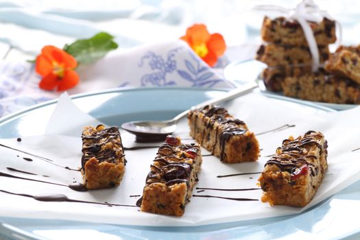 Fresh baked muesli bars with melted chocolate drizzled over the top.