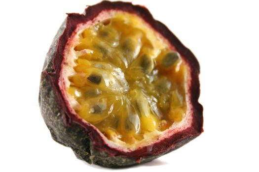 Freshly harvested passionfruit cut in half.