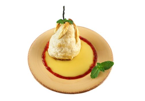 Crusty baked pear pie with custard and strawberry jam.