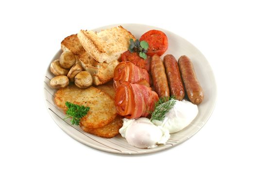 Ploughmans big breakfast of sausages, bacon, eggs, hash browns, mushrooms and toast.