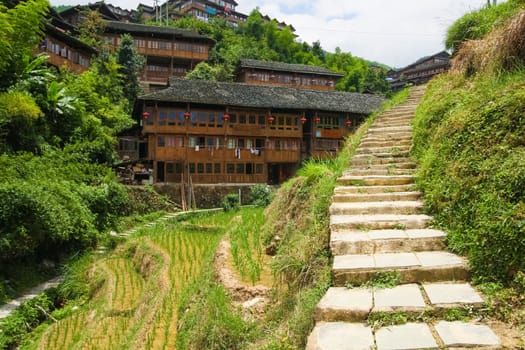 Stone steps in ping'an village at longsheng china