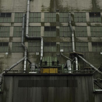 Large dark factory against grey sky