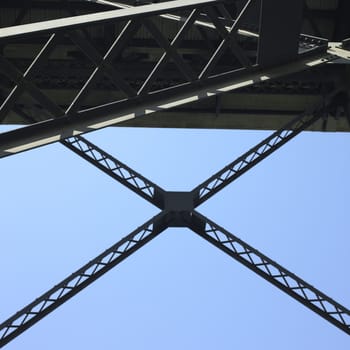 Heavy iron raillway bridge agains blue sky