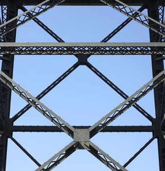 Heavy iron raillway bridge agains blue sky