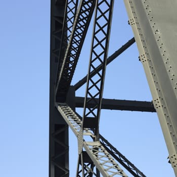 Heavy iron raillway bridge agains blue sky