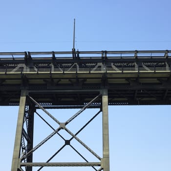 Heavy iron raillway bridge agains blue sky