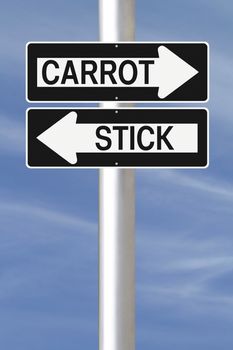 Conceptual one way street signs indicating carrot and stick