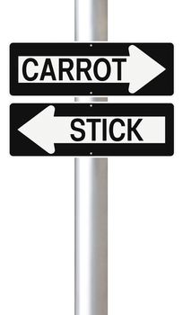 Conceptual one way street signs indicating carrot and stick