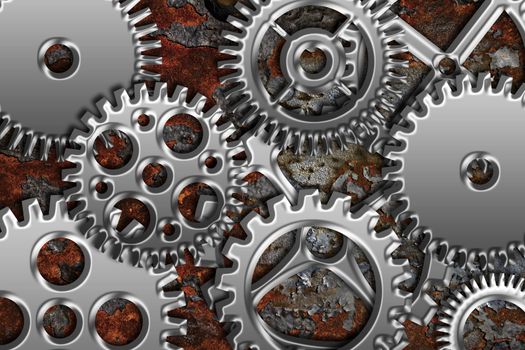 Chrome Silver Metal Gears on Grunge Texture Background