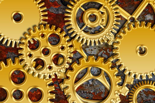 Gold Metal Gears on Grunge Texture Background