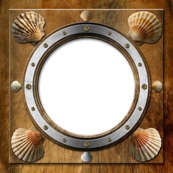 Brown and metallic porthole with bolts and eight scallop shells
