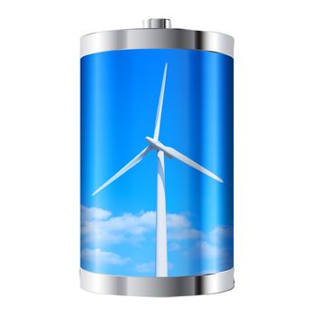 Battery containing wind turbine against blue sky
