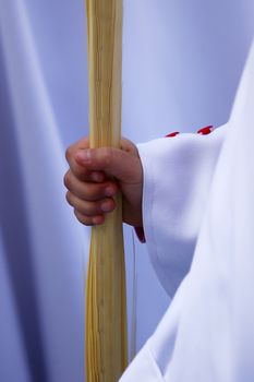 Detail penitent  holding a palm during Holy Week on Palm sunday, Spain