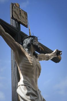 Figure of Jesus on the cross carved in wood by the sculptor Gabino Amaya Guerrero, Holy Christ of the expiry, Linares, Jaen province, Spain