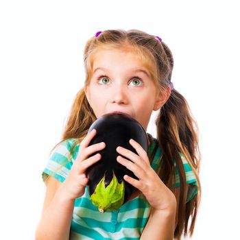 little girl with eggplant isolated on a white background