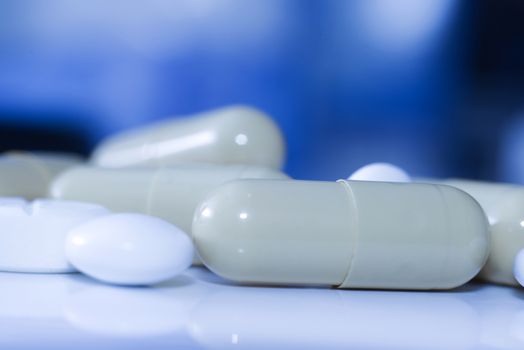 close-up of blue medical pills