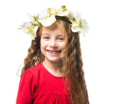 little girl in a wreath of orchids isolated on white background