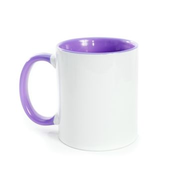 white cup with purple handle and the inner surface isolated