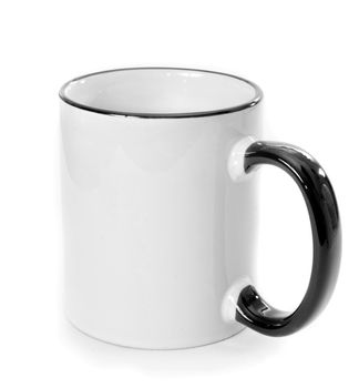 white cup with black handle and strip isolated o