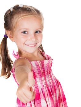 cute little girl with thumbs up isolated on white background