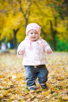 little baby in the park with autumn leaves