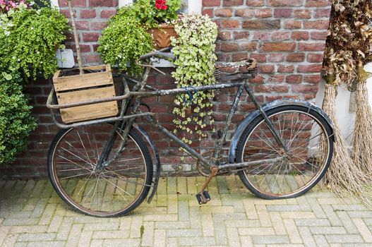 veru old rusted bike with wooden box and plants