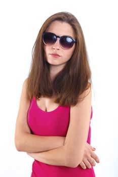 Beautiful young model with sunglasses. Isolated white background