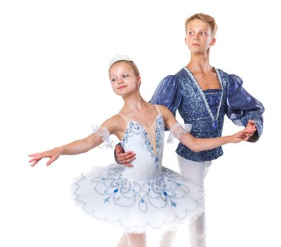 Portrait of couple of young ballet dancers posing over isolated white background