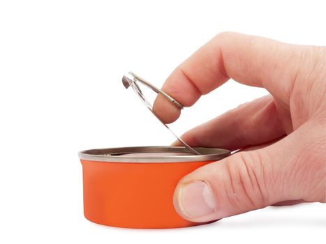 hand opening tin of canned food, studio shot, isolated on white