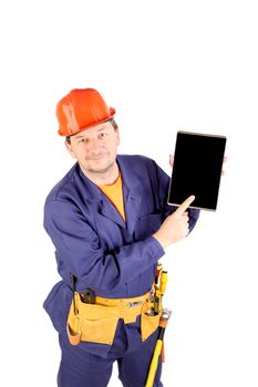 Worker in ear muffs with black board. Isolated on a white backgropund.