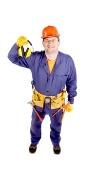 Worker in hard hat holding ear muffs. Isolated on a white backgropund.