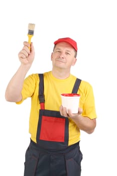 Worker holding bucket and brush. Isolated on a white backgropund.