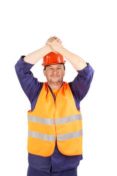 Worker raised hands over the head. Isolated on a white backgropund.